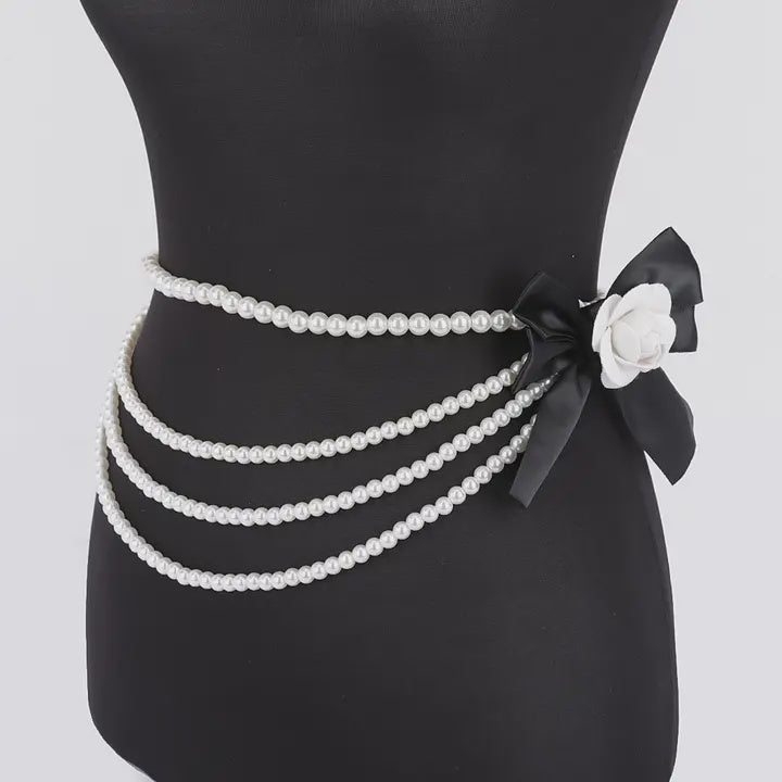 Faux Pearl Flower Ribbon Belt