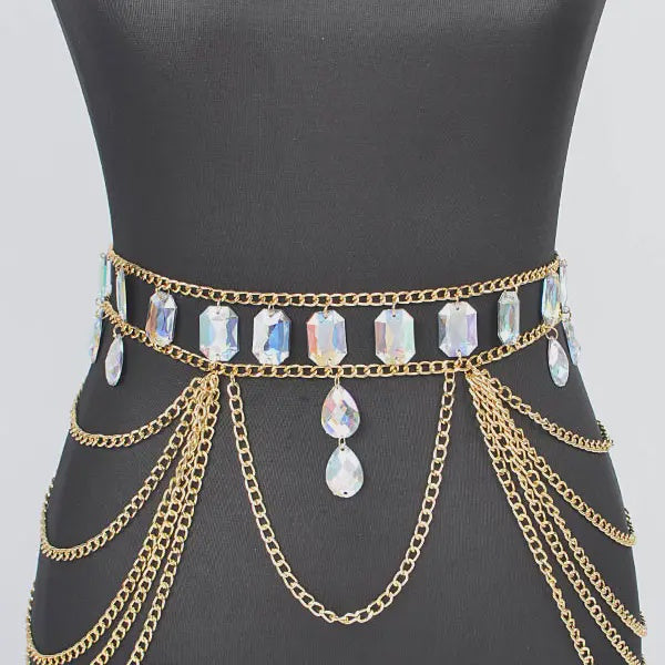 Metal Layered Chain Belt W/Acrylic Stone