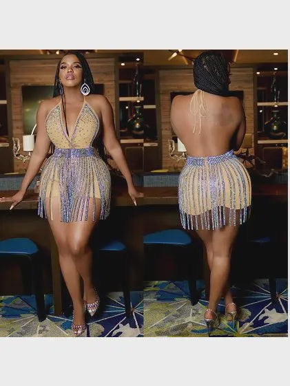 Open Back Halter Fringe Skirt