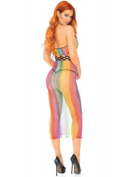 Rainbow Fishnet Halter Dress OS
