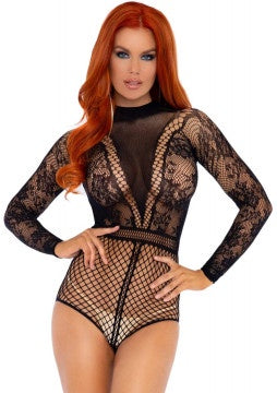 Lace and Fishnet Bodysuit OS - Black