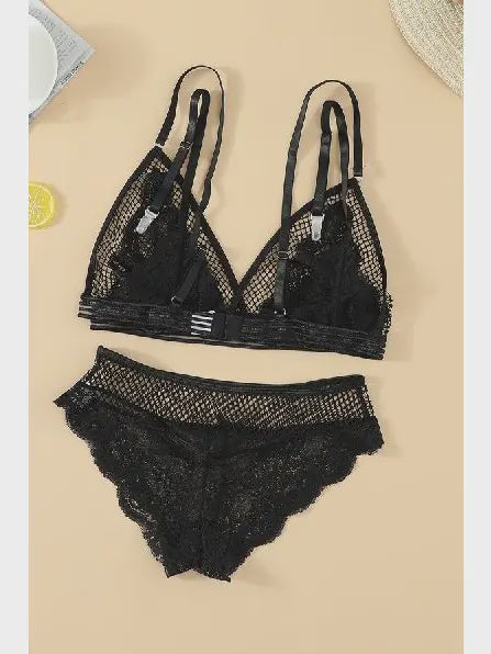 Mesh Patchwork Bralette Lingerie Set Black