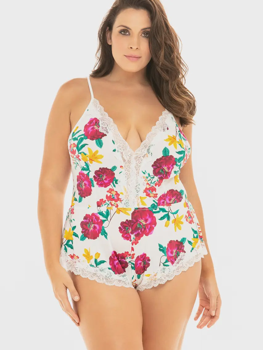 Reina Romper Lingerie/ White Floral Print Plus